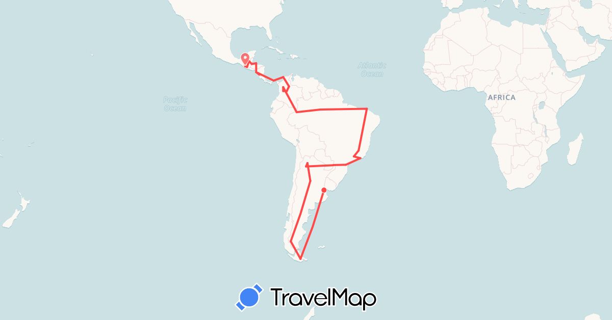 TravelMap itinerary: driving, hiking in Argentina, Brazil, Colombia, Guatemala, Honduras, Nicaragua, Panama (North America, South America)
